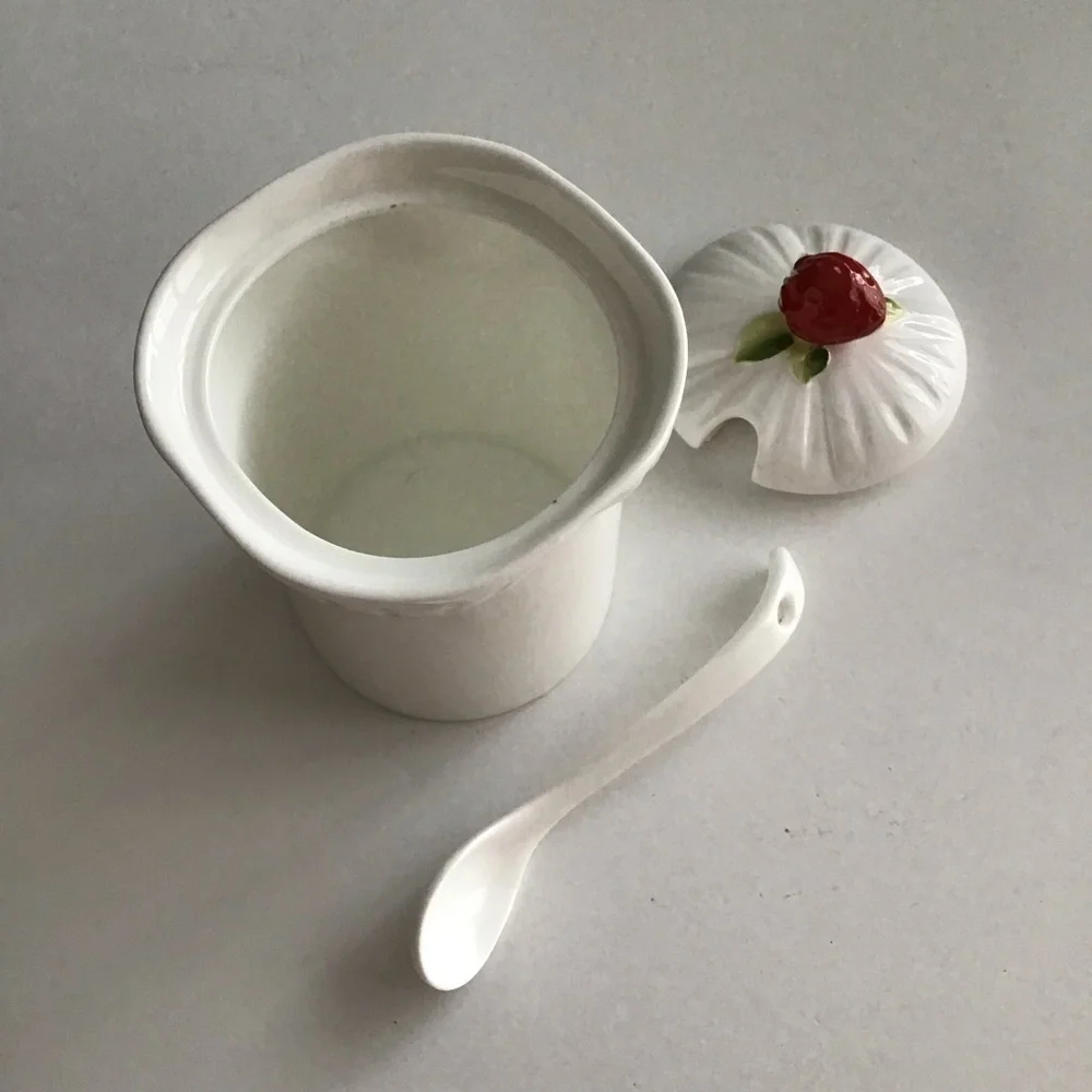 Jam Jar Bone China Covered Strawberry Marmalade Preserves Lid Spoon Vintage